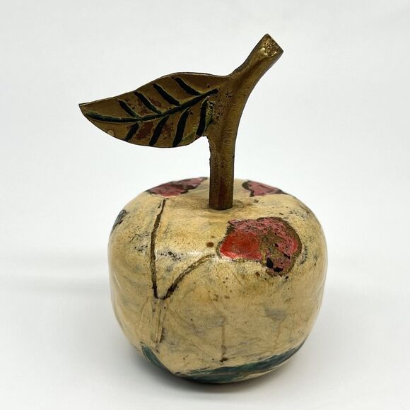 Vintage Solid Brass Hand Painted Dinner Bell Apple 3” Tall w/Stem Teacher Decor - Picture 3 of 9